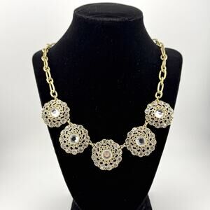 J.Crew Statement Necklace Clear Crystal Rhinestone Flower Medallion Gold Chain